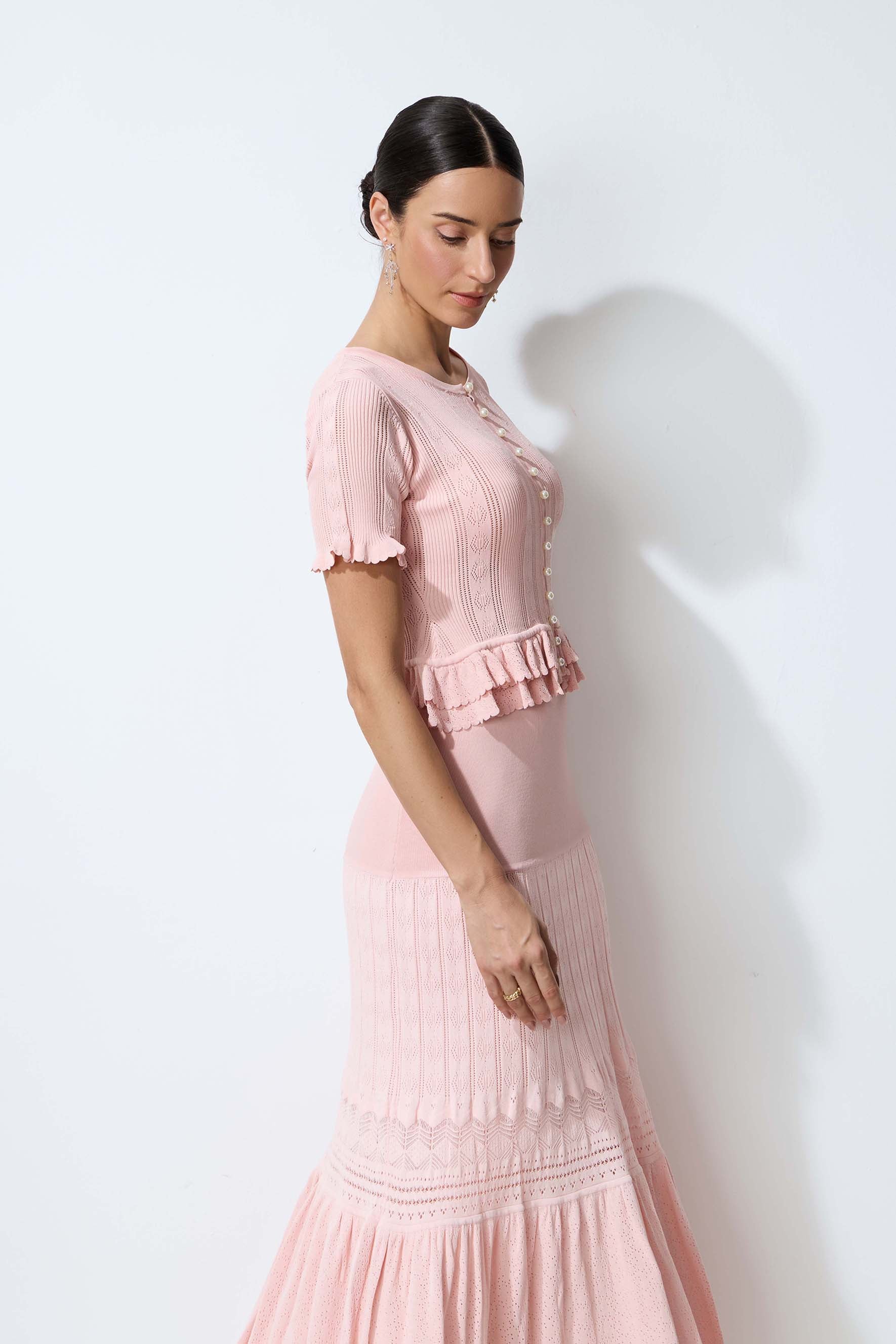 Sweetly Poised Pink Peplum Ruffle Knit Top & Skirt Set