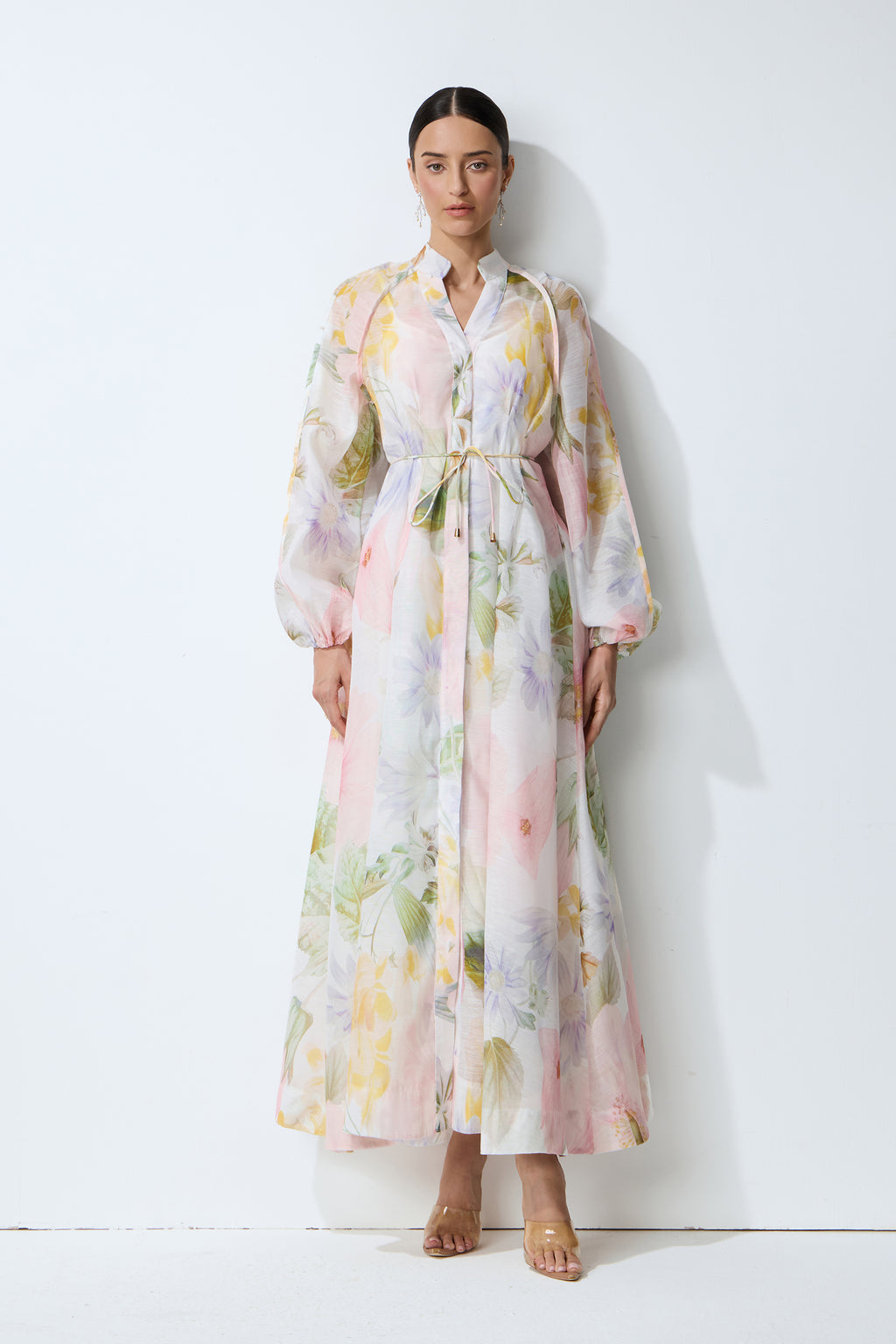 Petals in Motion White Floral Print Long Sleeve Maxi Dress