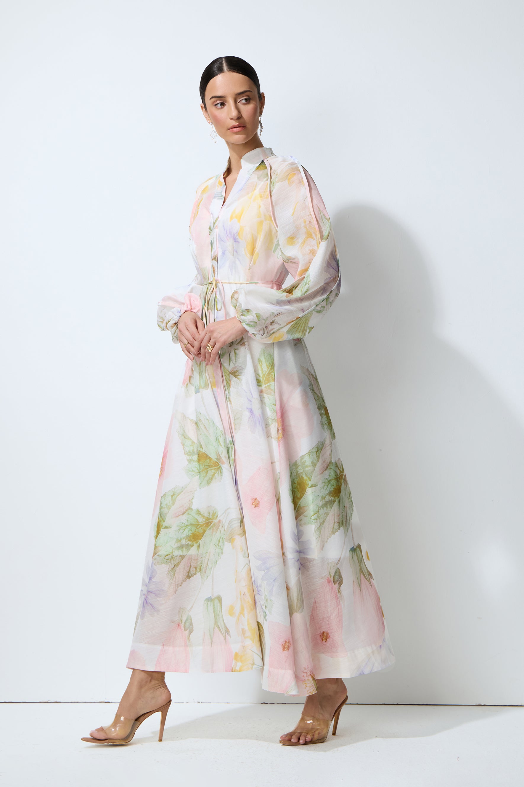 Petals in Motion White Floral Print Long Sleeve Maxi Dress