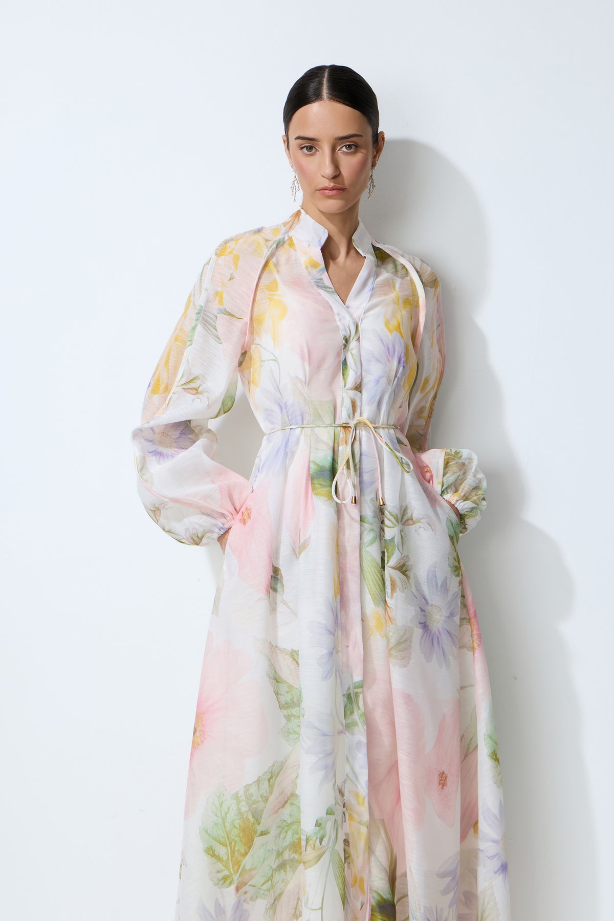 Petals in Motion White Floral Print Long Sleeve Maxi Dress