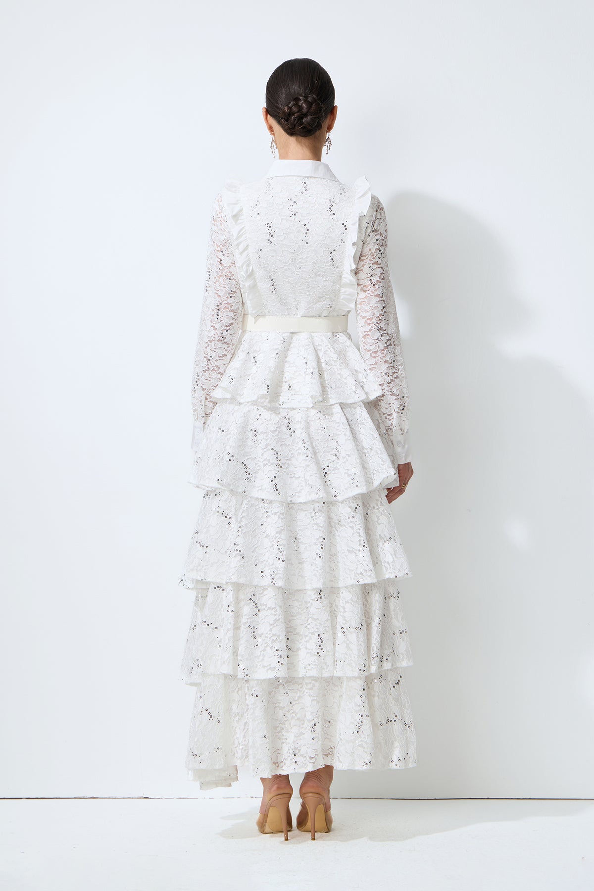 Sunkiss Veil White Sequin Embellished Tiered Lace Maxi Dress