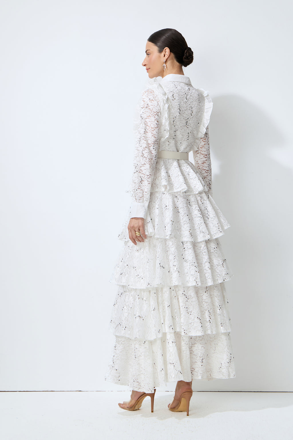 Sunkiss Veil White Sequin Embellished Tiered Lace Maxi Dress