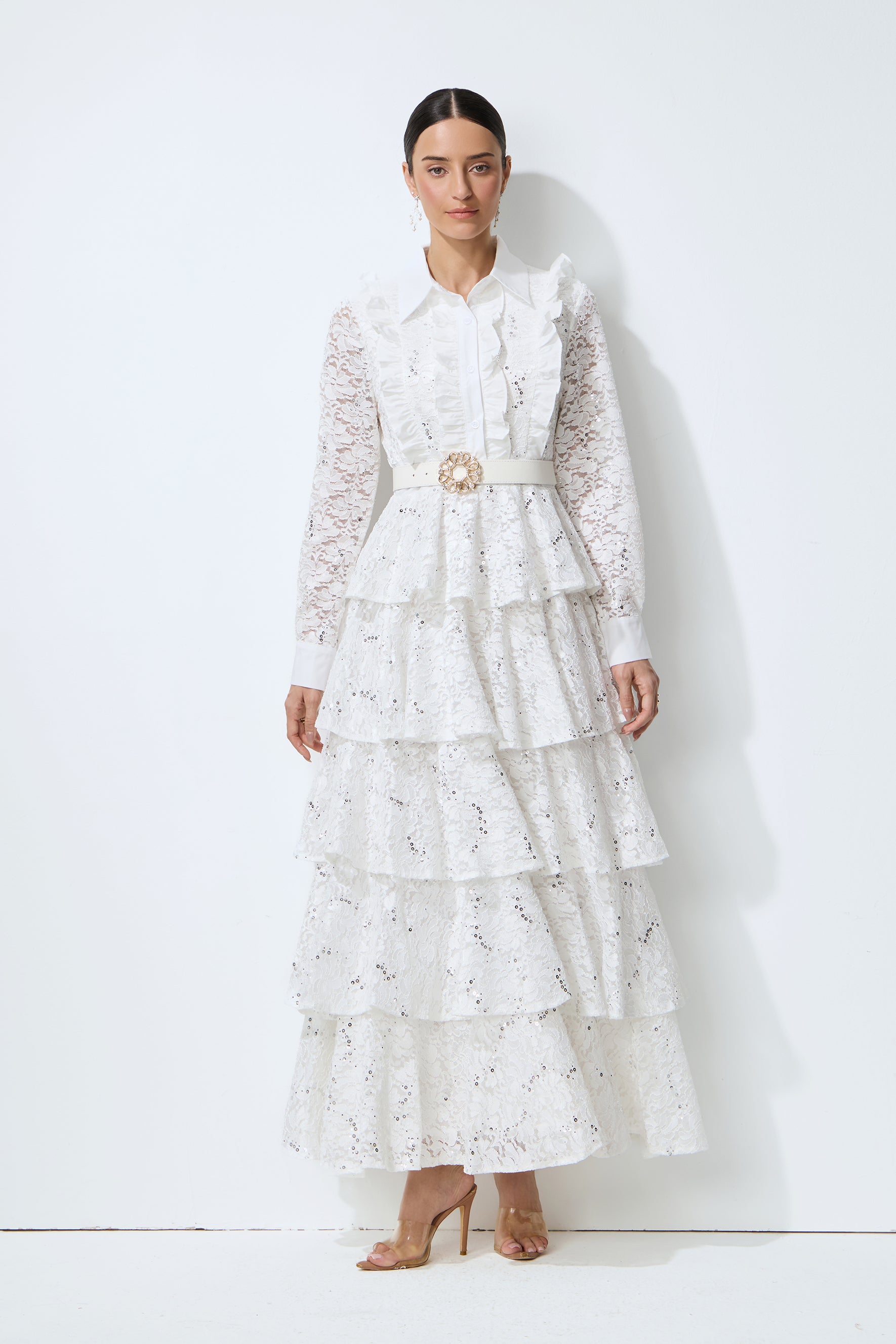 Sunkiss Veil White Sequin Embellished Tiered Lace Maxi Dress
