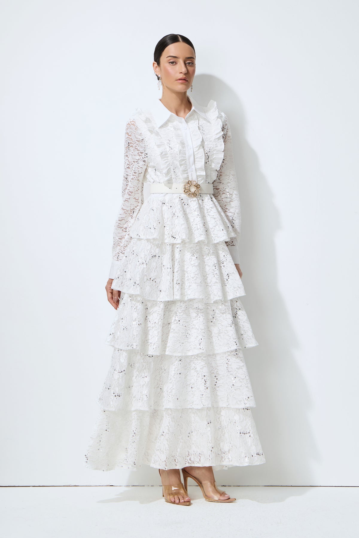 Sunkiss Veil White Sequin Embellished Tiered Lace Maxi Dress