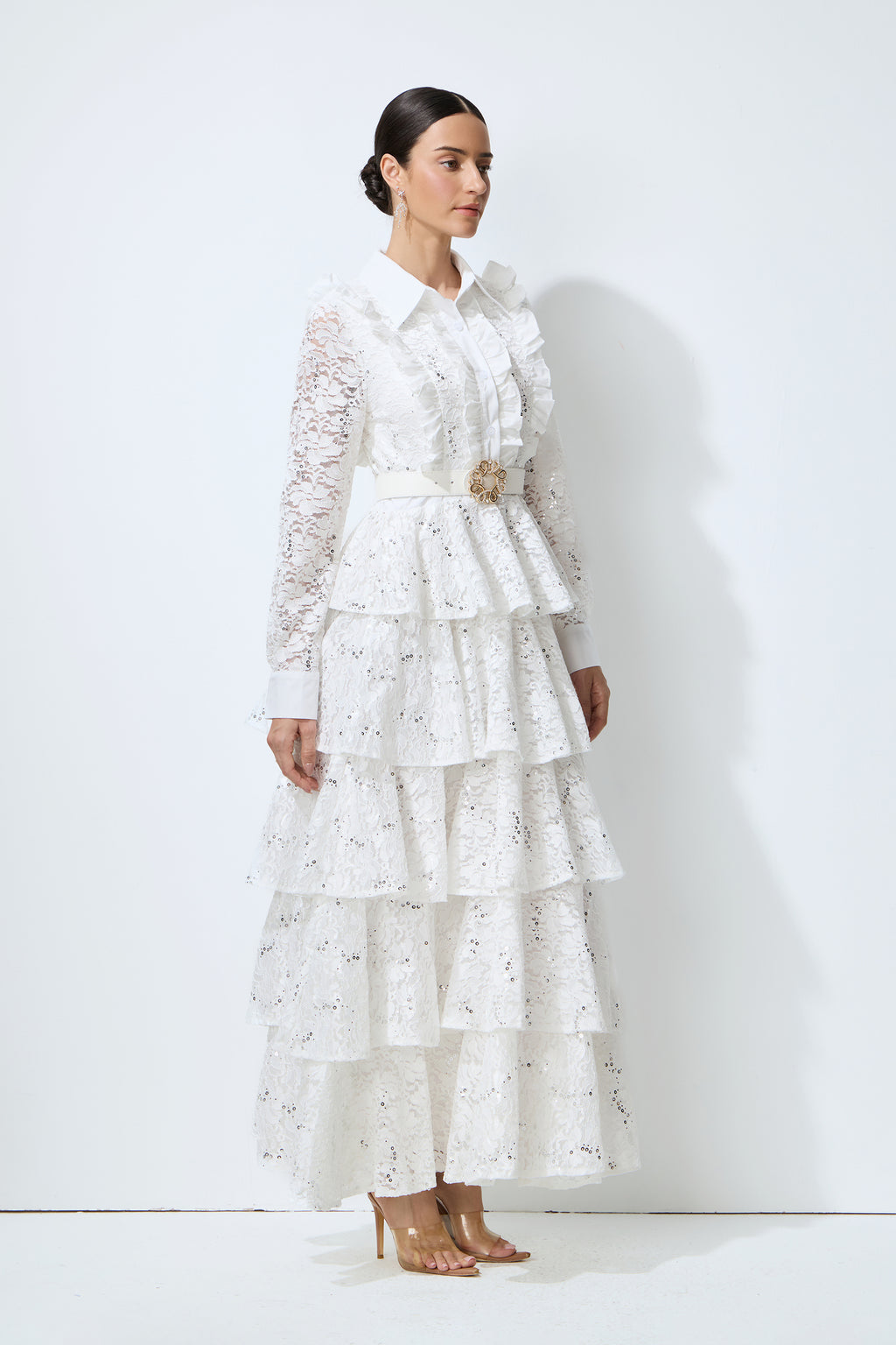 Sunkiss Veil White Sequin Embellished Tiered Lace Maxi Dress