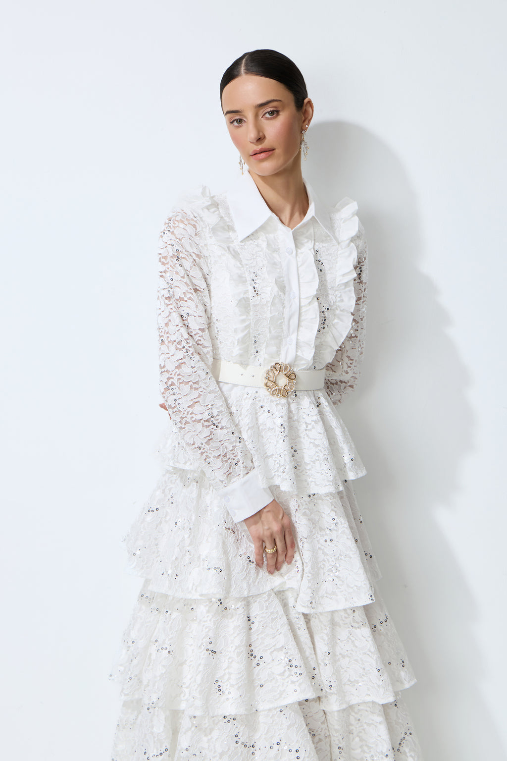 Sunkiss Veil White Sequin Embellished Tiered Lace Maxi Dress