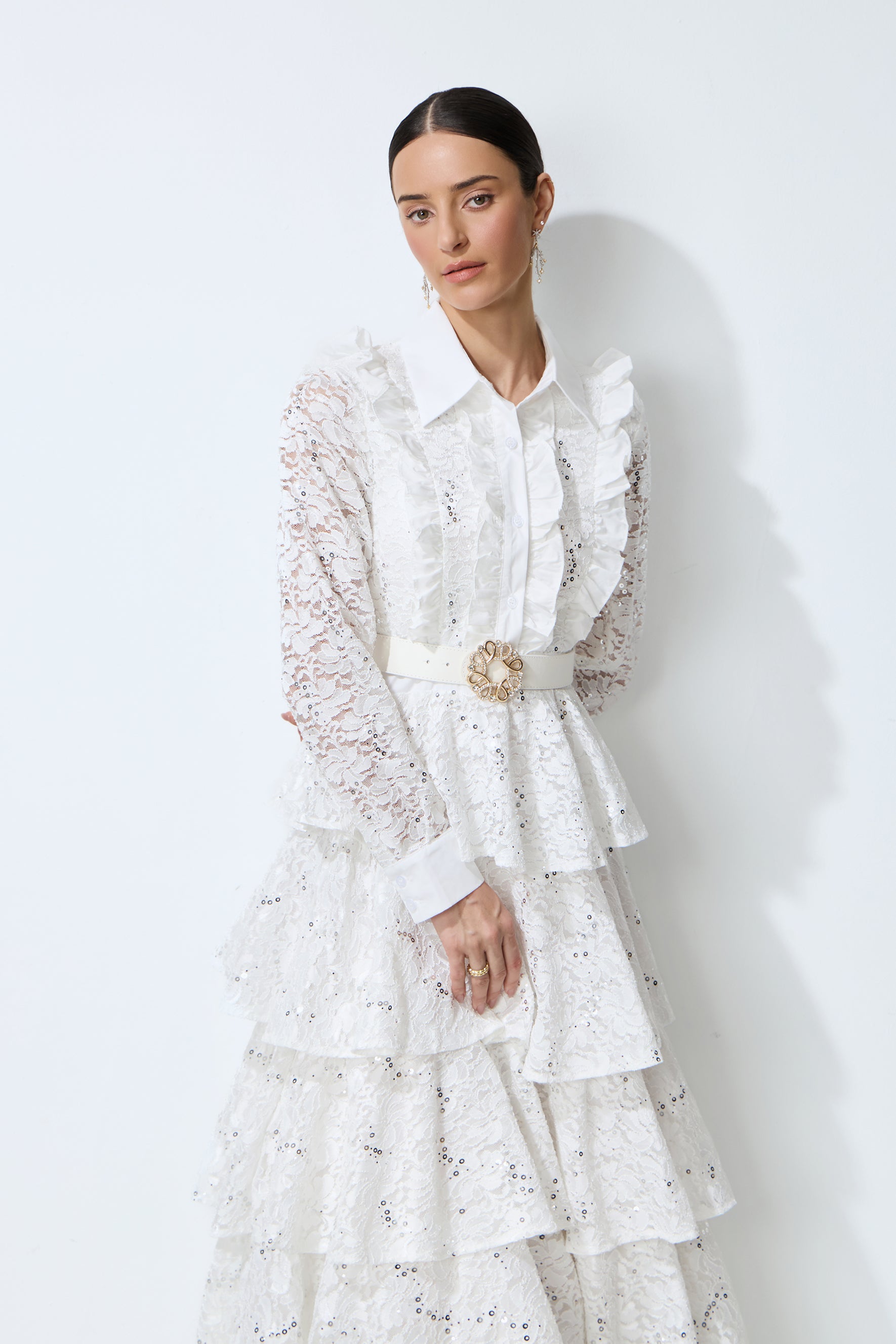 Sunkiss Veil White Sequin Embellished Tiered Lace Maxi Dress