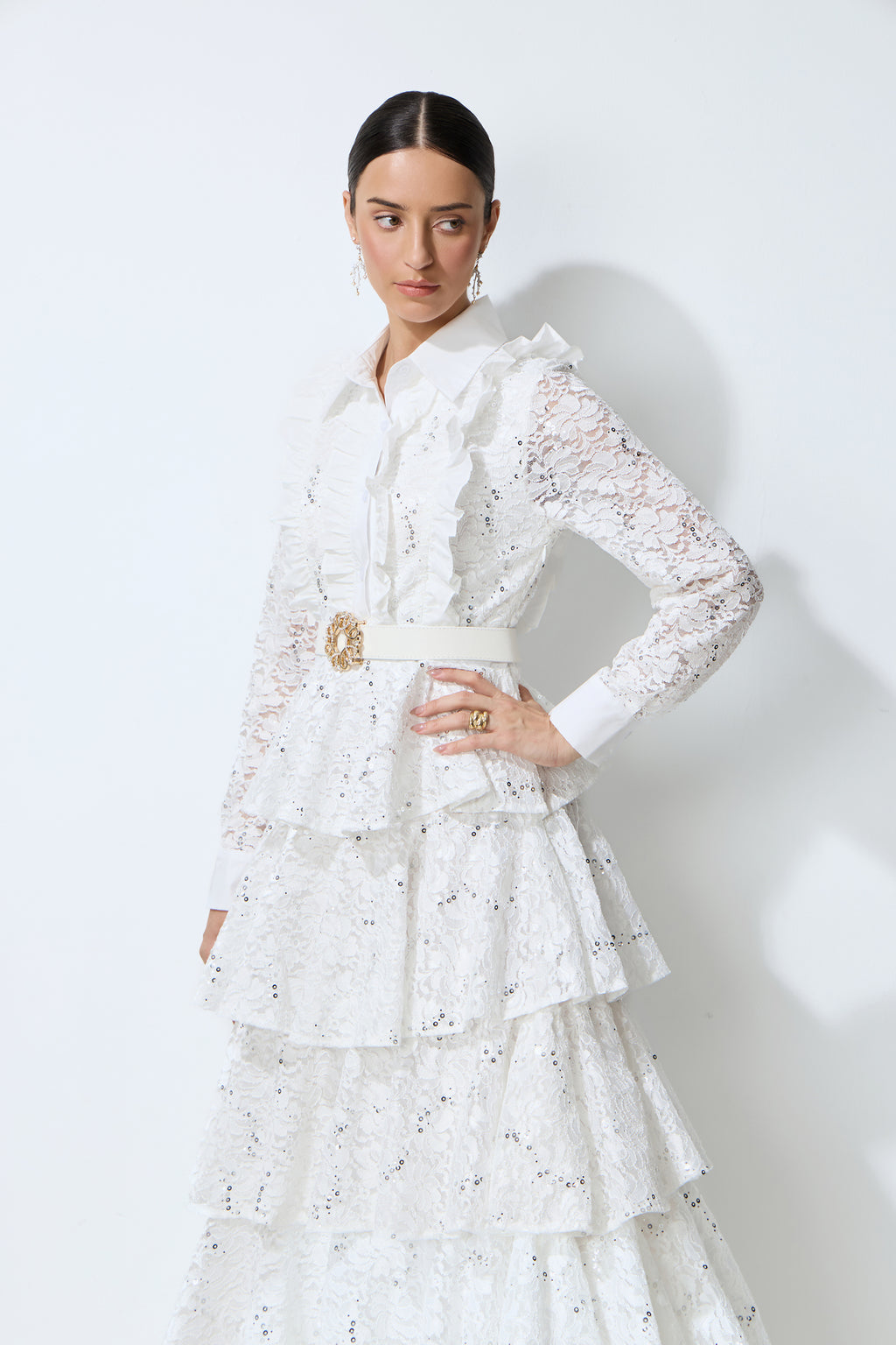 Sunkiss Veil White Sequin Embellished Tiered Lace Maxi Dress
