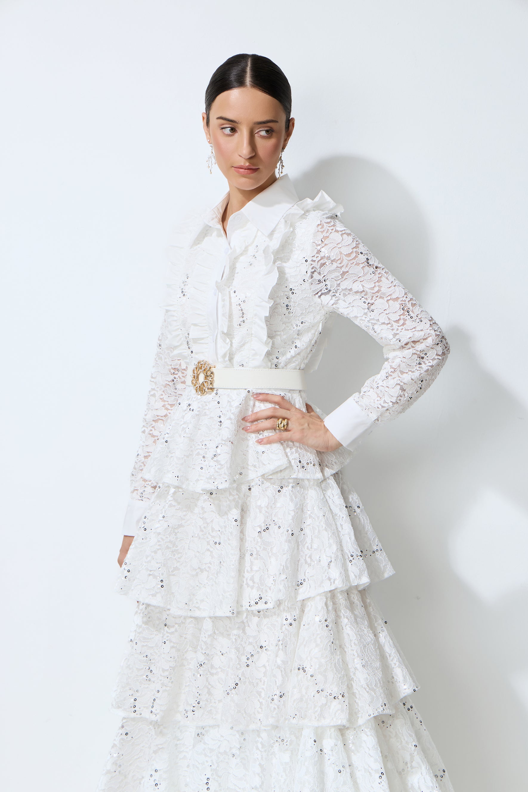 Sunkiss Veil White Sequin Embellished Tiered Lace Maxi Dress