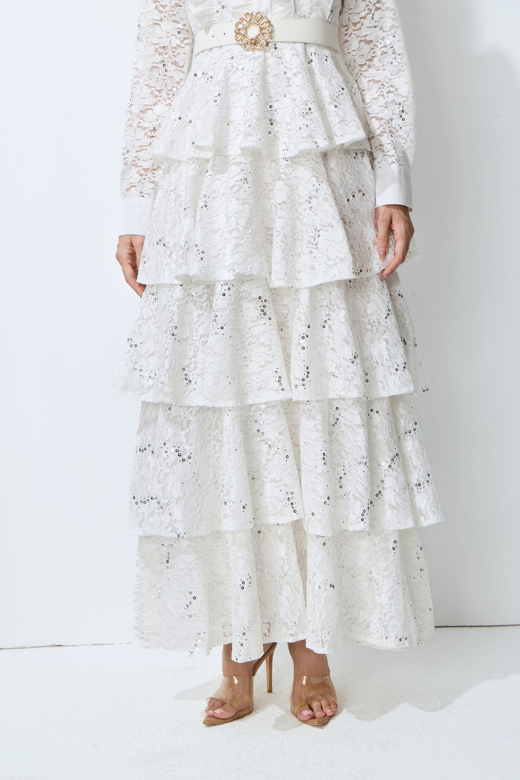 Sunkiss Veil White Sequin Embellished Tiered Lace Maxi Dress