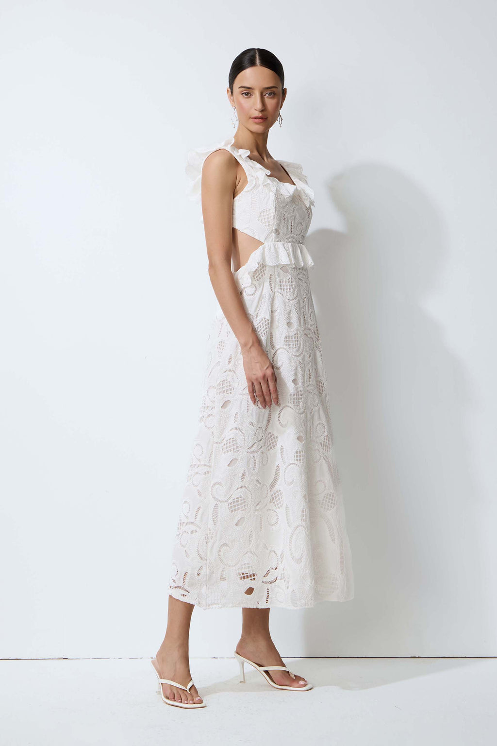Coastal Daydream White Eyelet Lace Tie Back Midi Dress