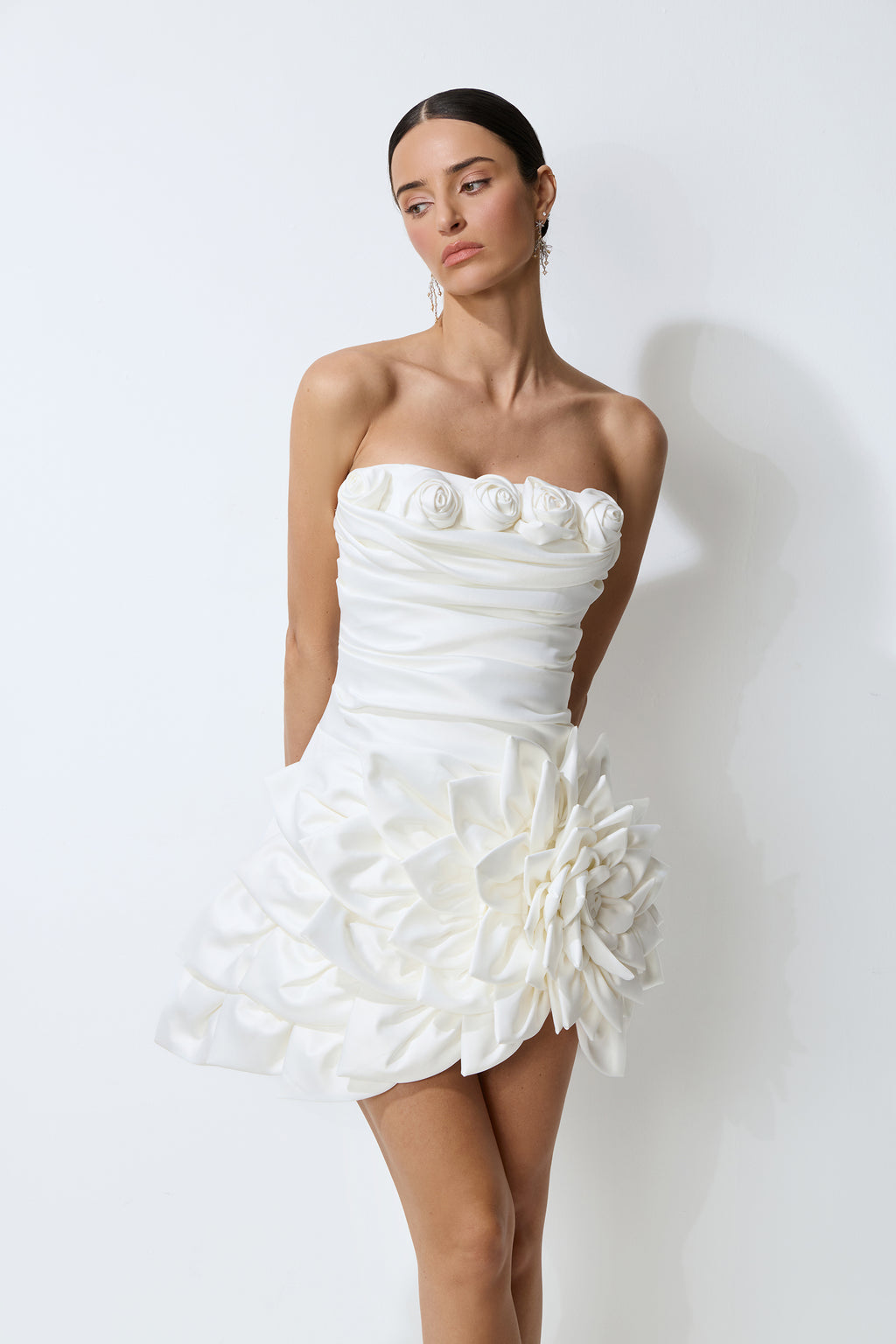 Always Blossoming White Floral Applique Strapless Satin Mini Dress