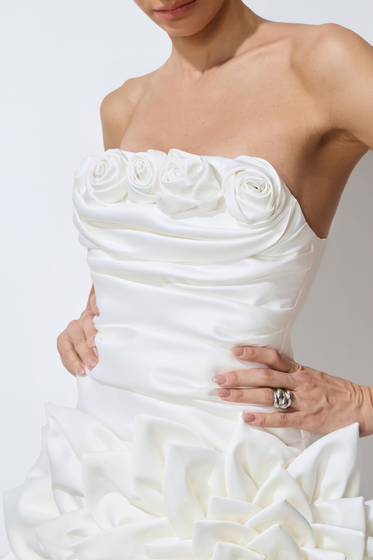 Always Blossoming White Floral Applique Strapless Satin Mini Dress