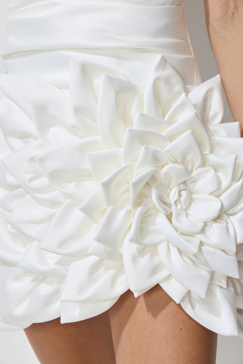 Always Blossoming White Floral Applique Strapless Satin Mini Dress