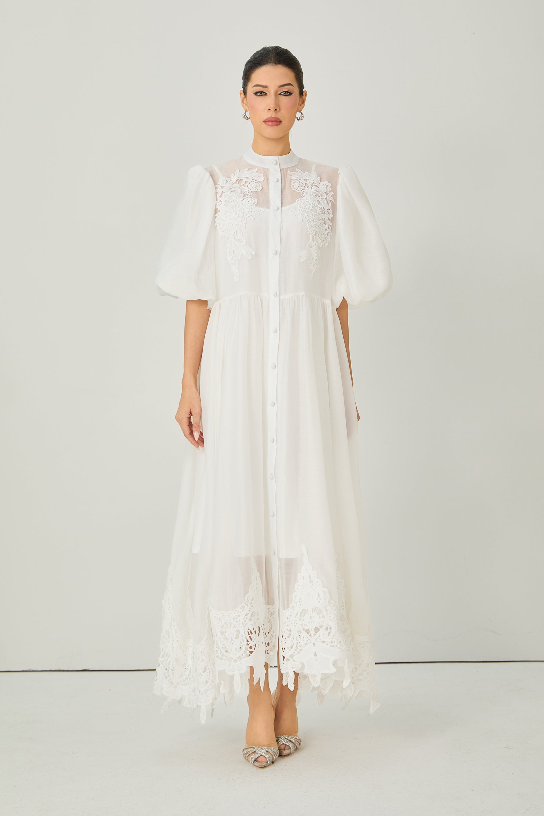 Close to Your Heart White Lace Embroidered Puff Sleeve Maxi Dress