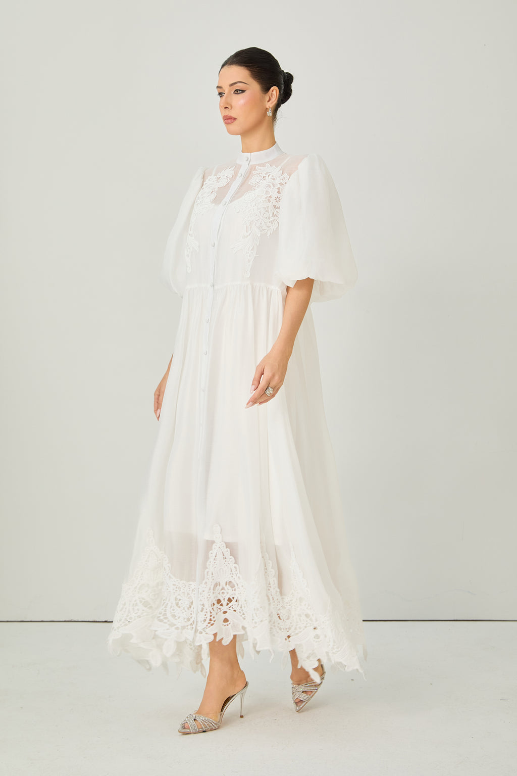Close to Your Heart White Lace Embroidered Puff Sleeve Maxi Dress