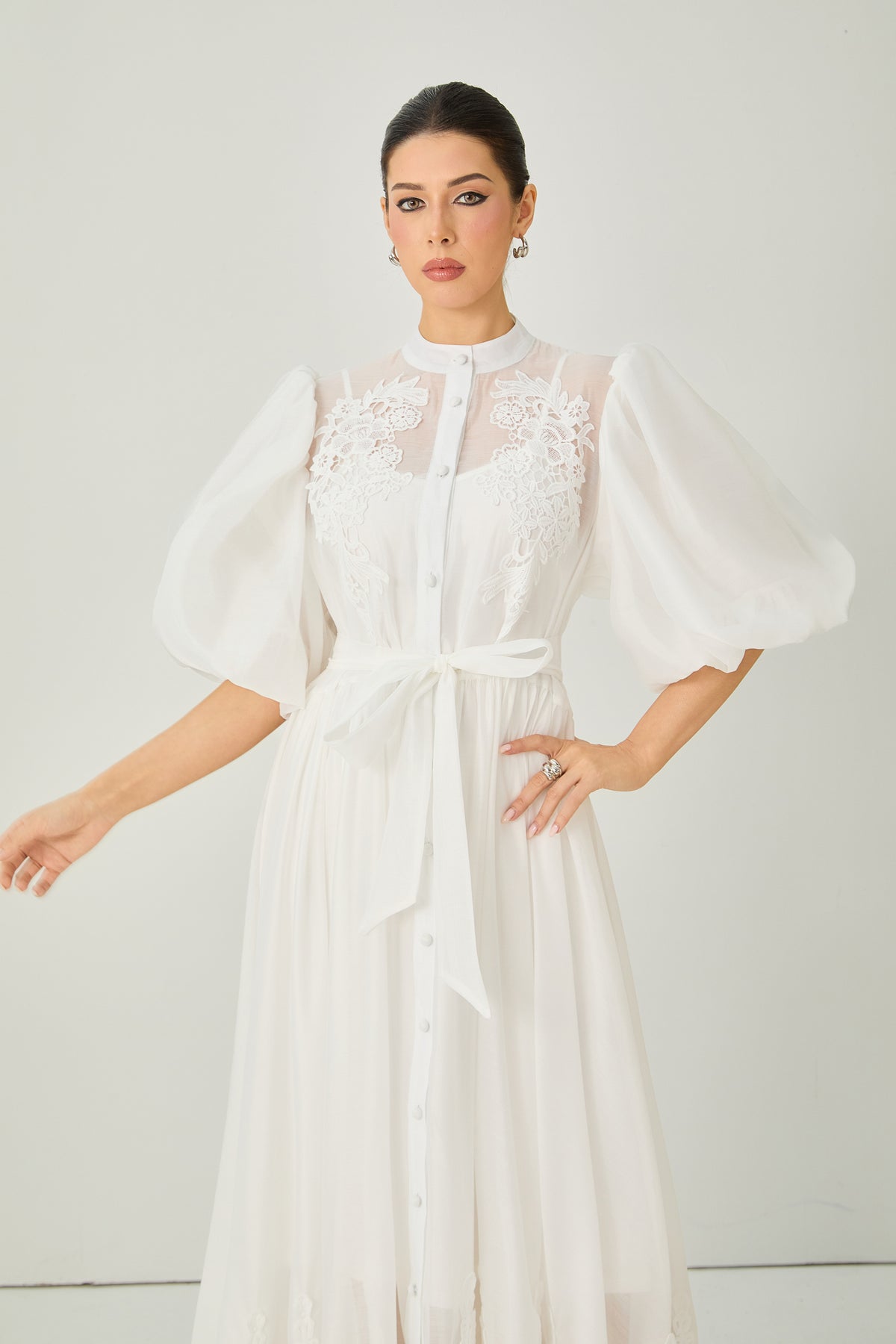 Close to Your Heart White Lace Embroidered Puff Sleeve Maxi Dress