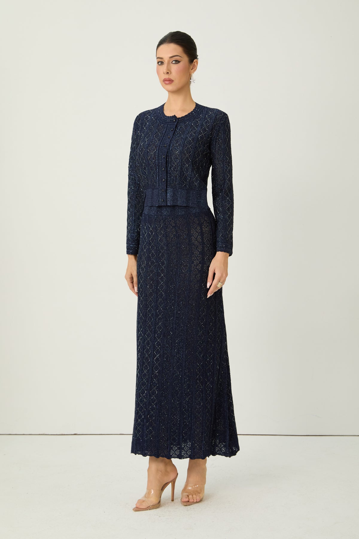 Radiant Personality Blue Diamond Knit Cardigan & Skirt Set