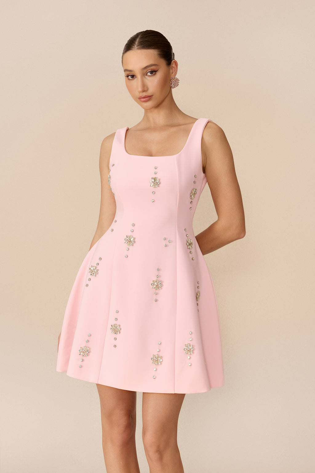 Keep It Sweet Pink Square Neck Crystal Embellished Mini Dress