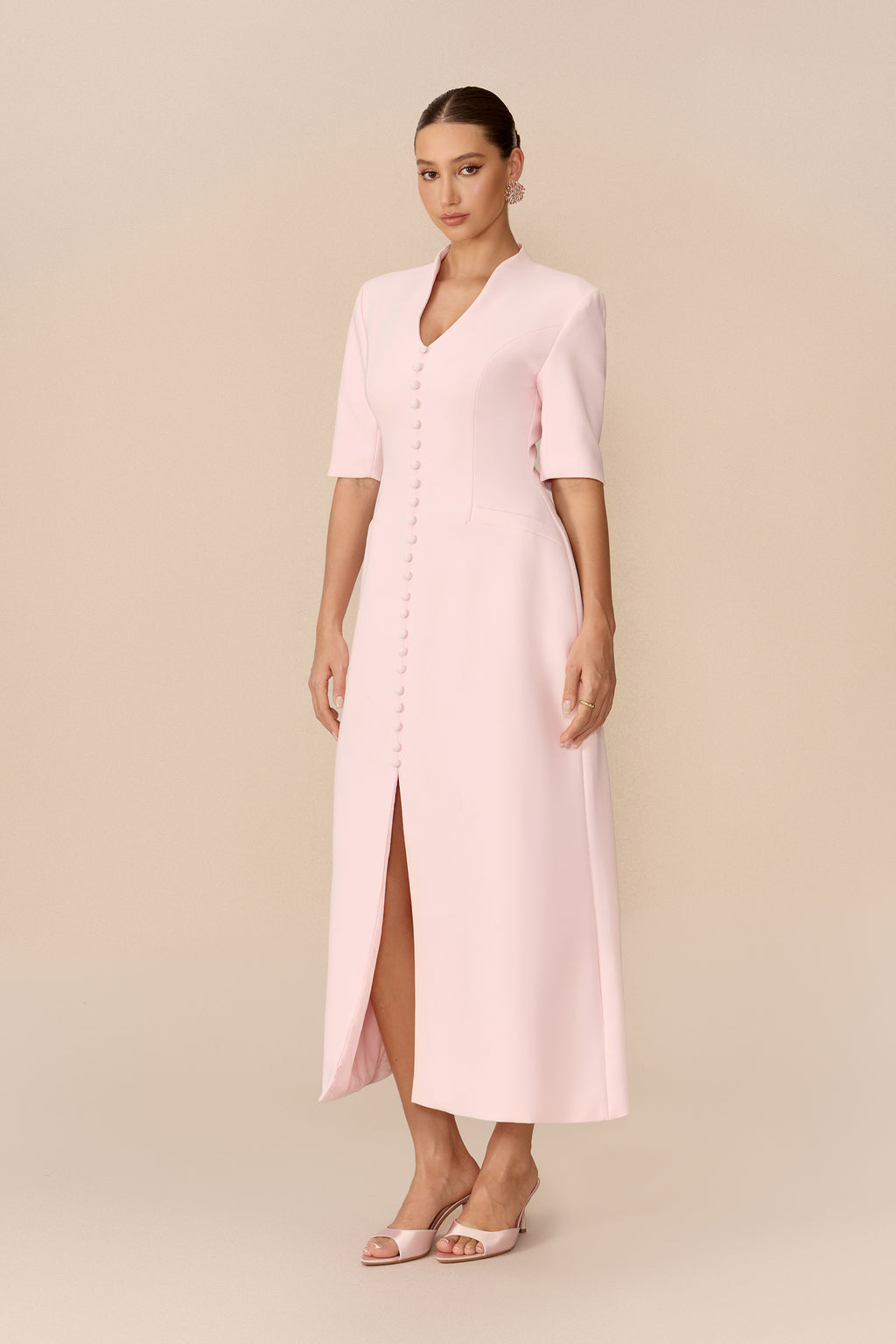 Minimal Mood Pink Stand Collar Split Maxi Dress