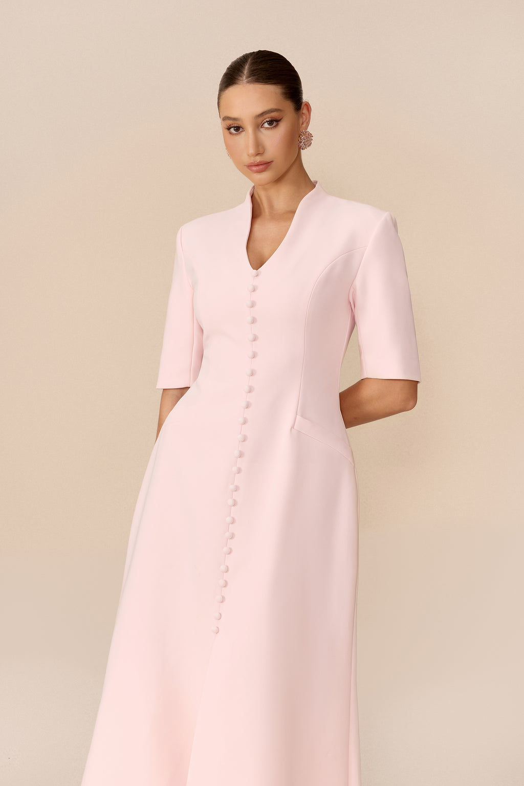 Minimal Mood Pink Stand Collar Split Maxi Dress