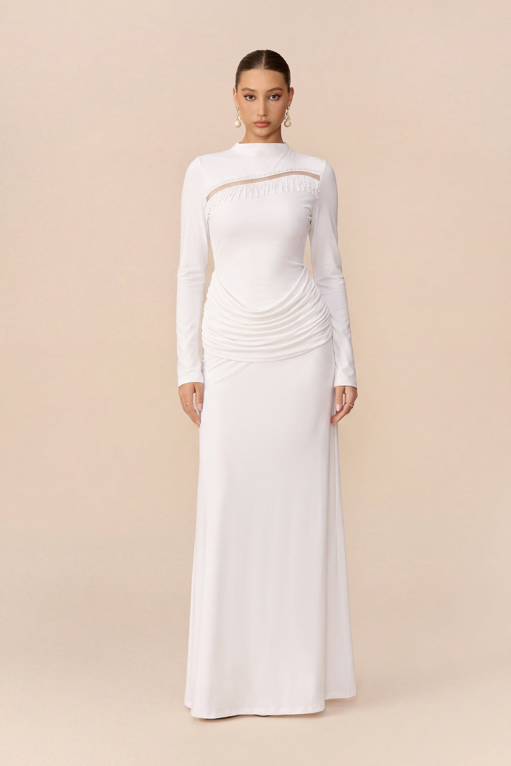 Signature Style White Beaded Fringe Cutout Maxi Dress