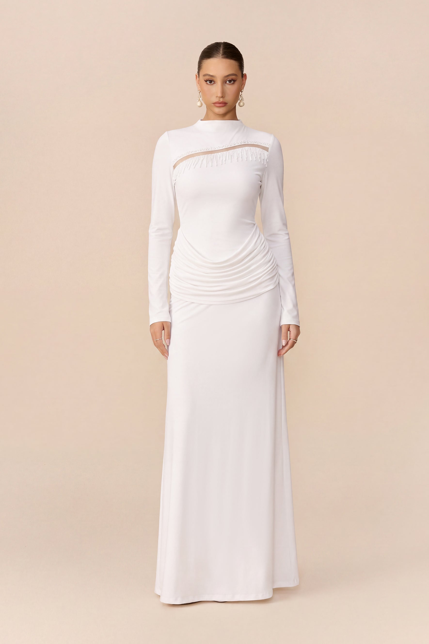 Signature Style White Beaded Fringe Cutout Maxi Dress
