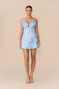 Sunny Getaway Blue Floral Applique V Neck Mini Dress