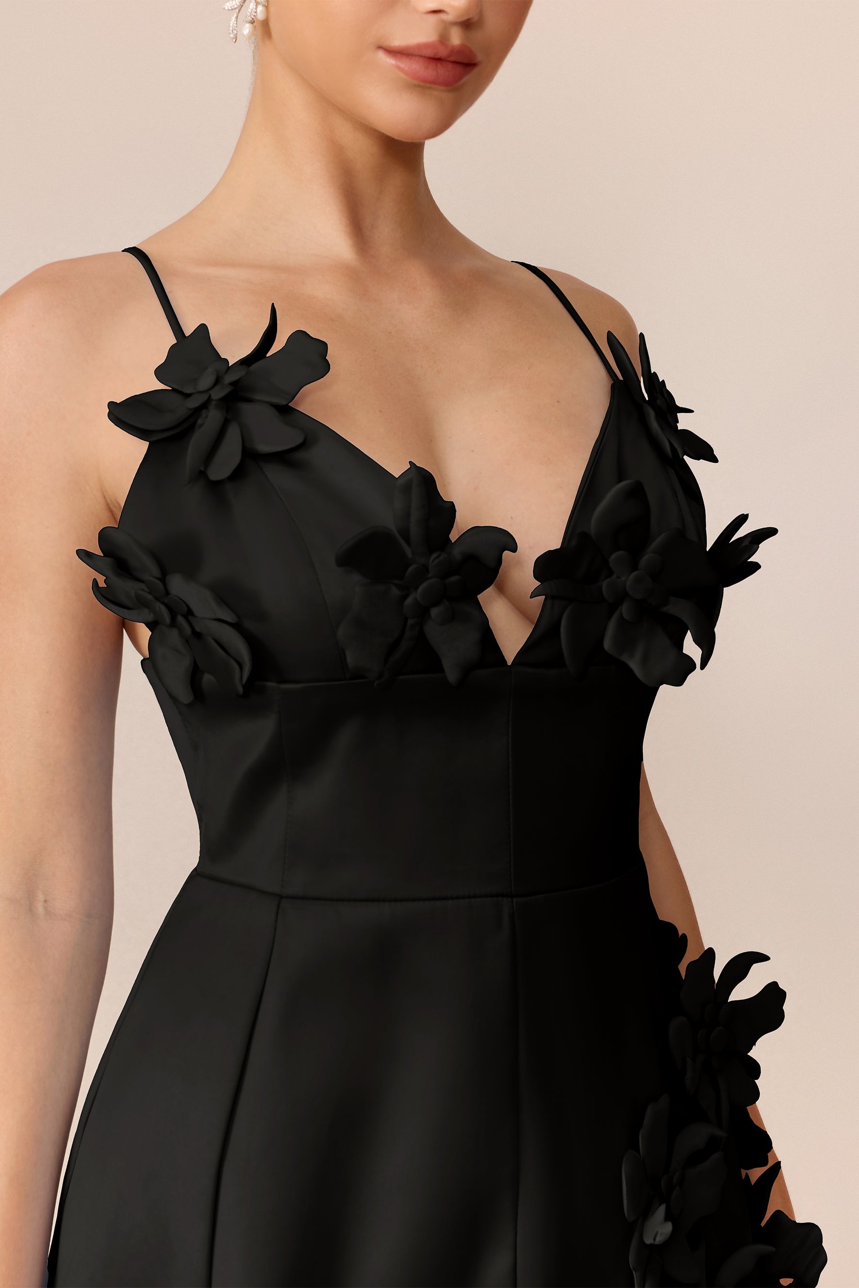 Sunny Getaway Black Floral Applique V Neck Mini Dress