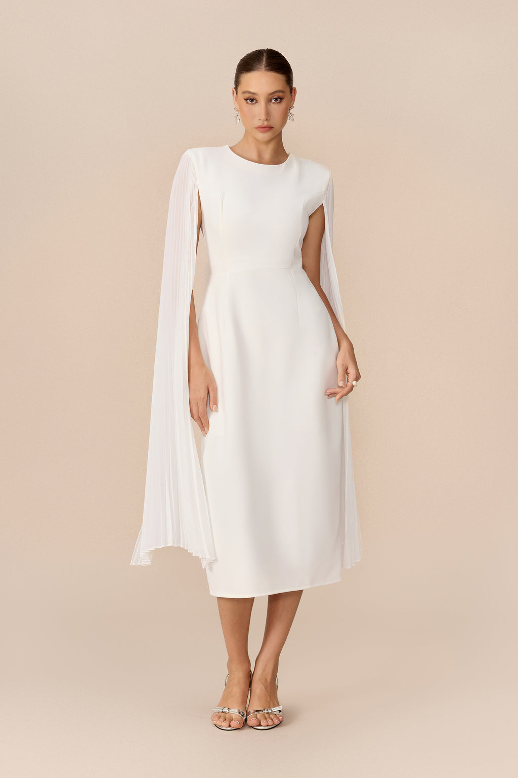 Pure Elegance White Pleated Cape Round Neck Midi Dress