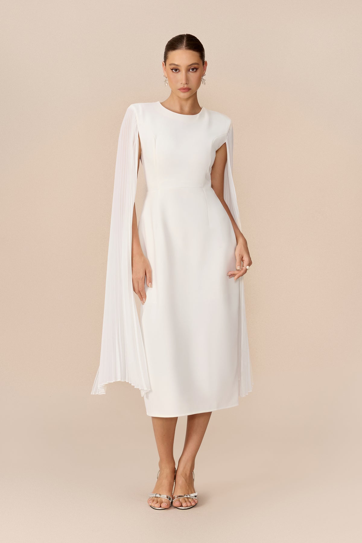 Pure Elegance White Pleated Cape Round Neck Midi Dress