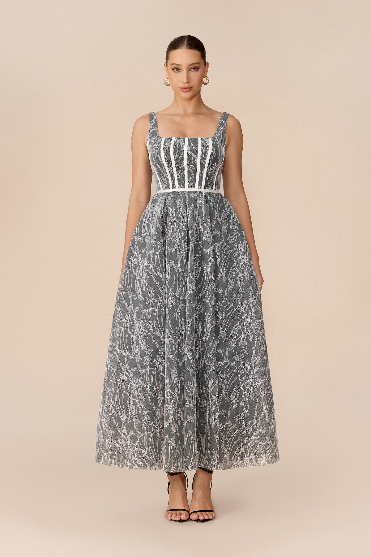 Forever Feminine Grey Square Neck Lace Maxi Dress