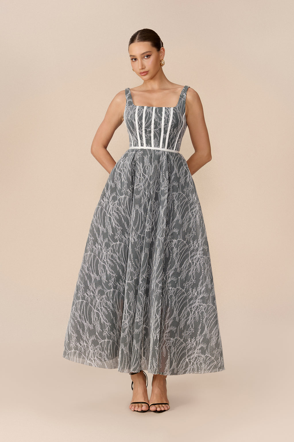 Forever Feminine Grey Square Neck Lace Maxi Dress