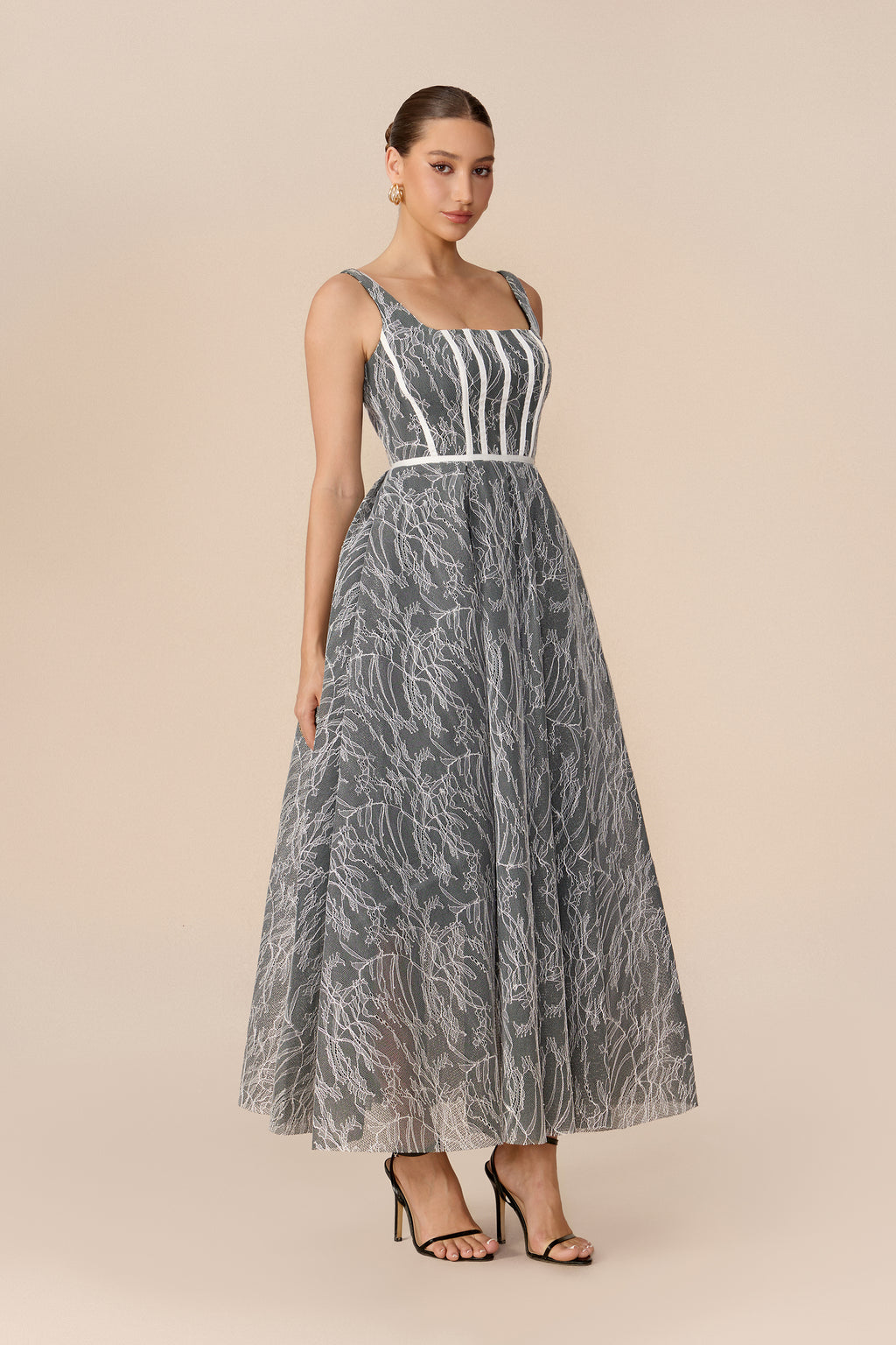 Forever Feminine Grey Square Neck Lace Maxi Dress