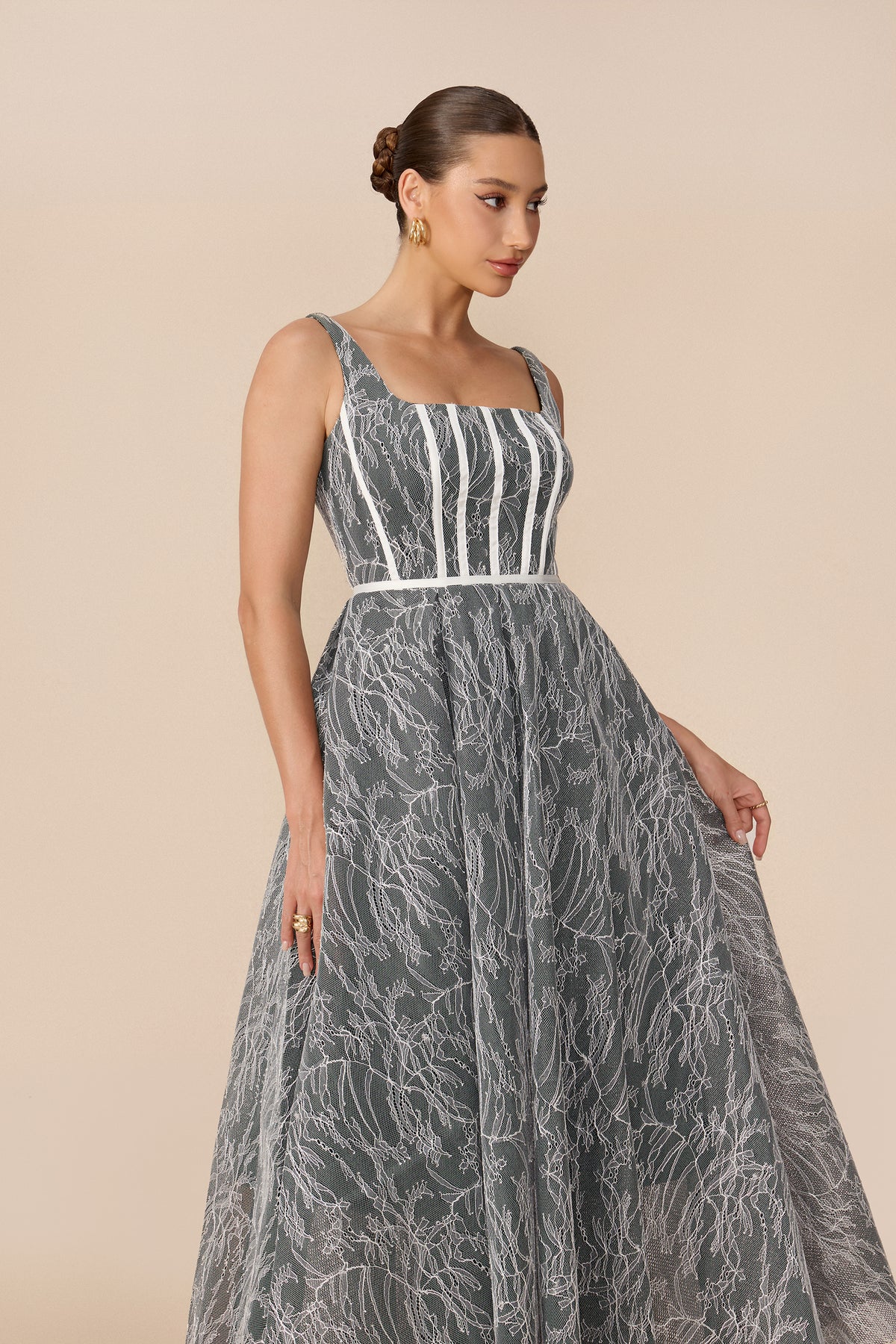Forever Feminine Grey Square Neck Lace Maxi Dress