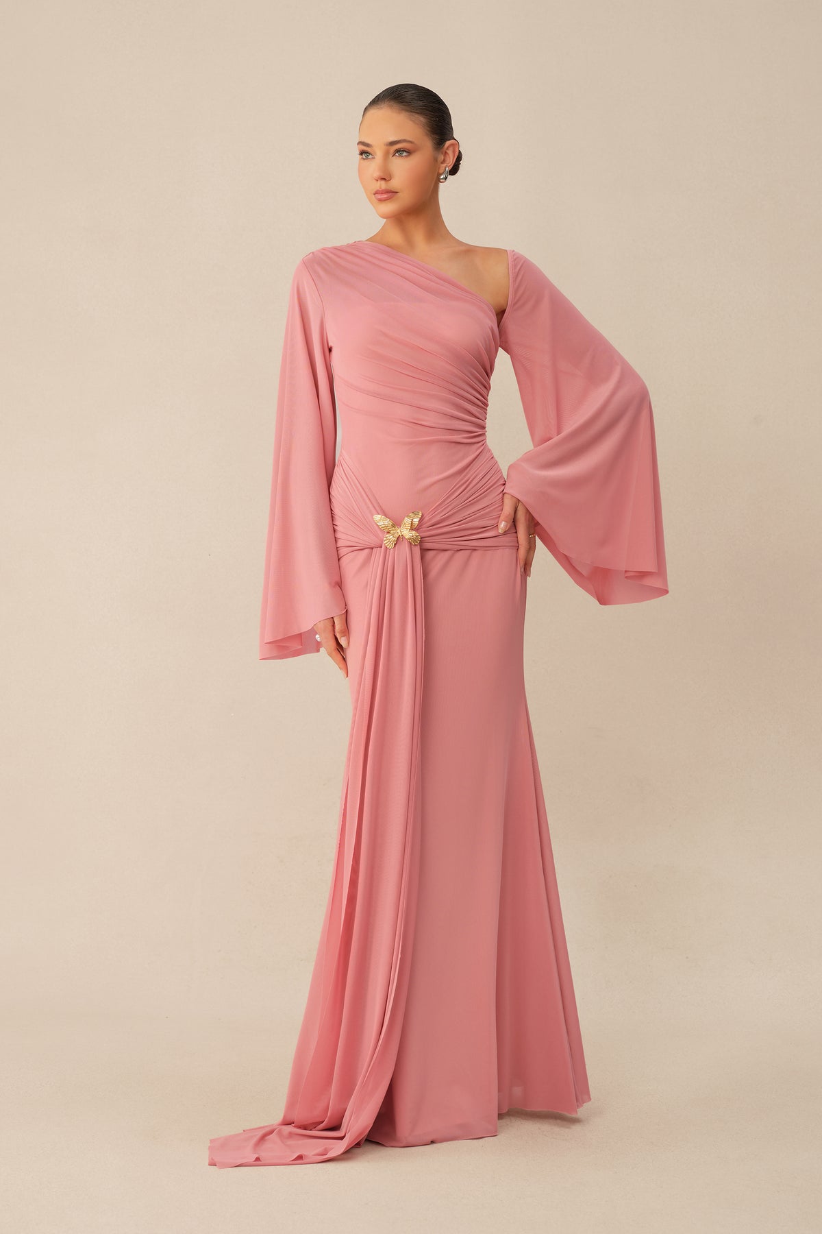 All About Her Pink One Shoulder Butterfly Brooch Maxi Dress