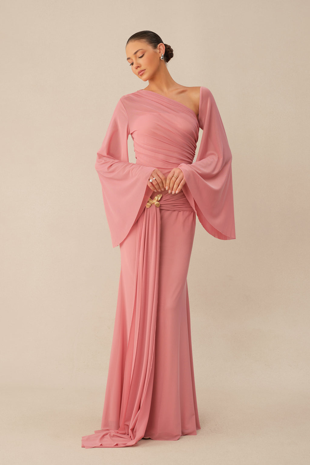 All About Her Pink One Shoulder Butterfly Brooch Maxi Dress