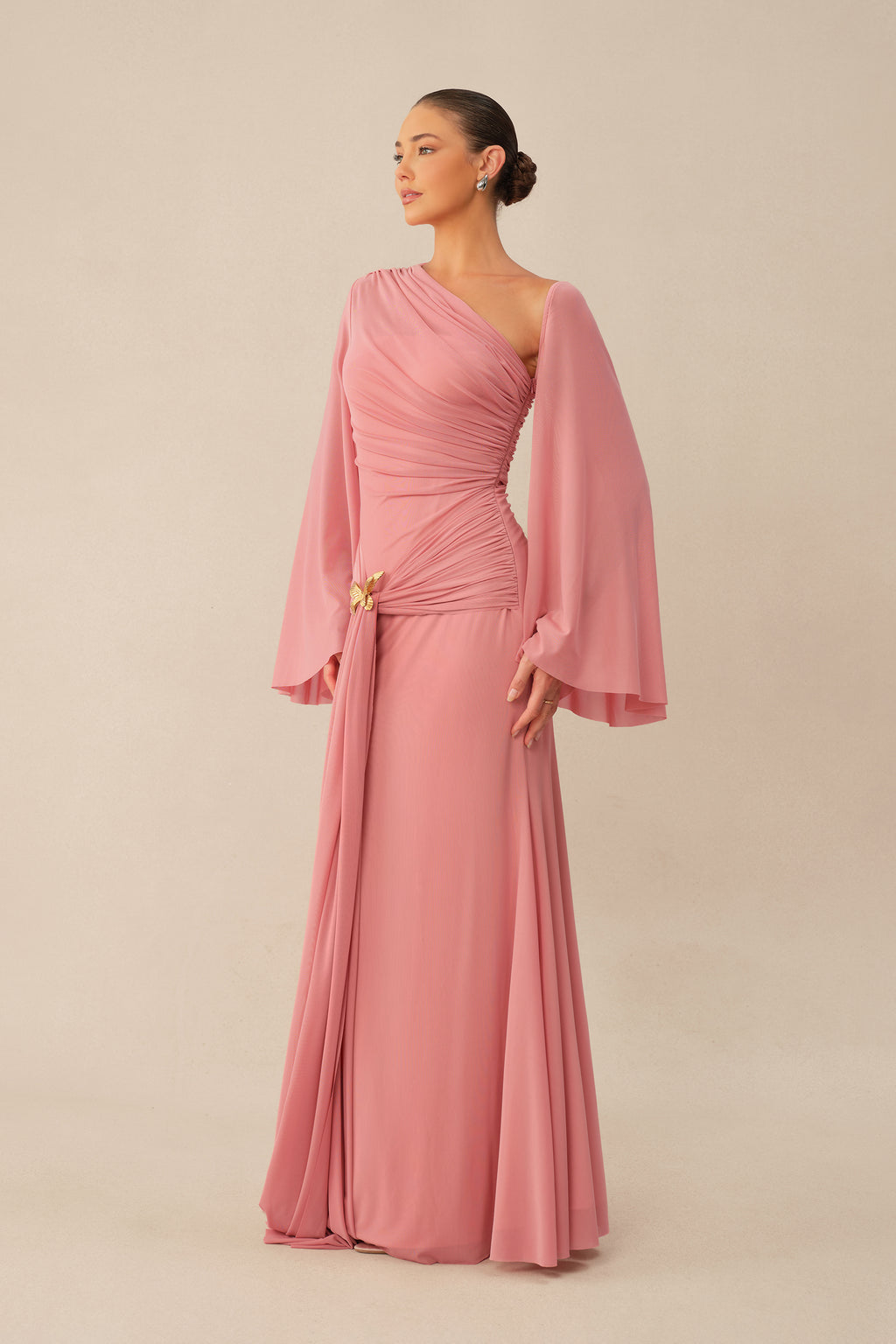 All About Her Pink One Shoulder Butterfly Brooch Maxi Dress