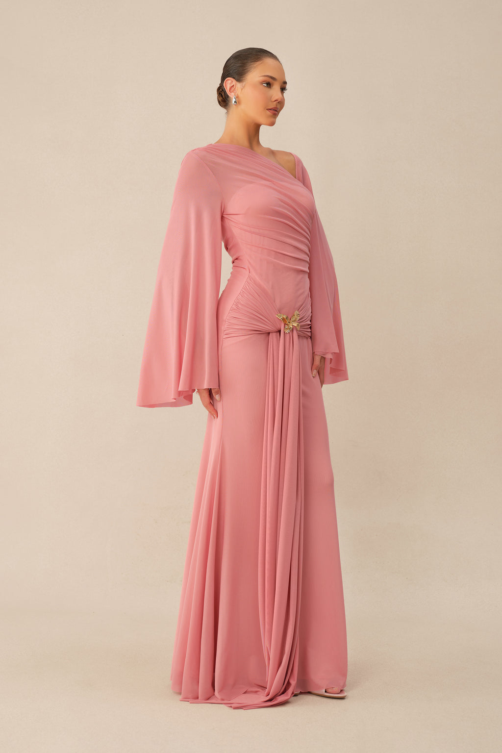 All About Her Pink One Shoulder Butterfly Brooch Maxi Dress