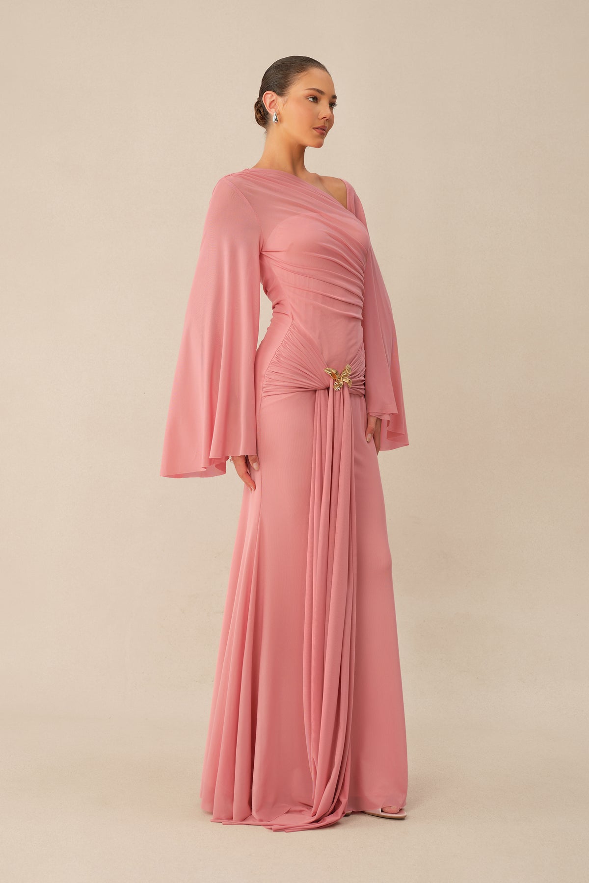 All About Her Pink One Shoulder Butterfly Brooch Maxi Dress