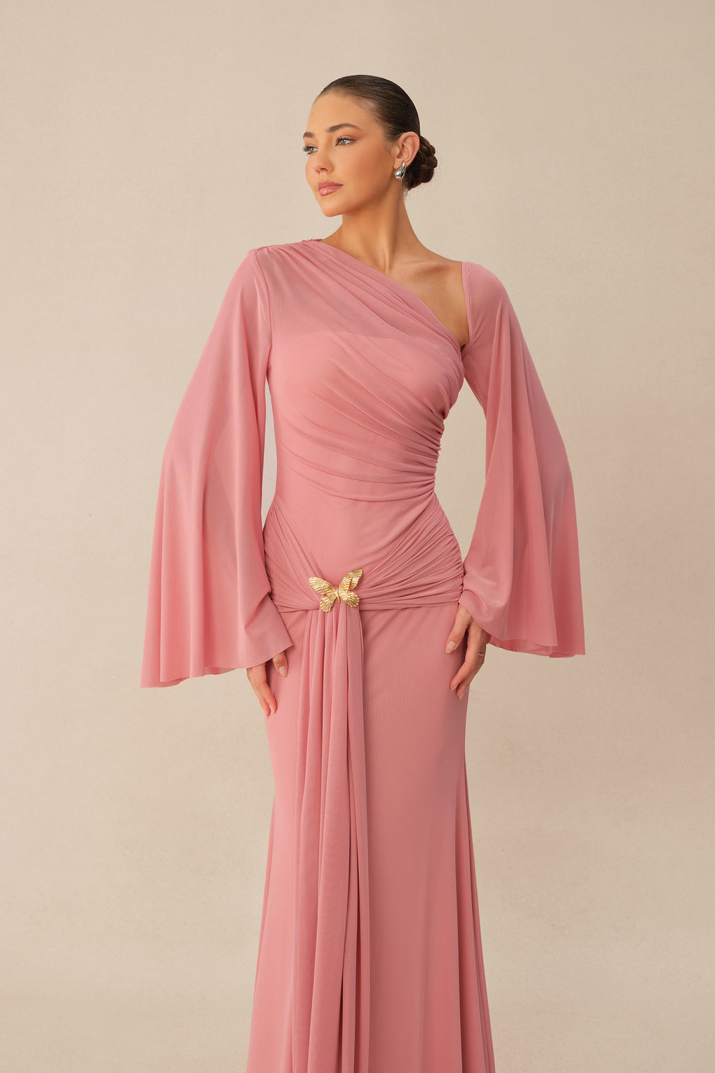 All About Her Pink One Shoulder Butterfly Brooch Maxi Dress