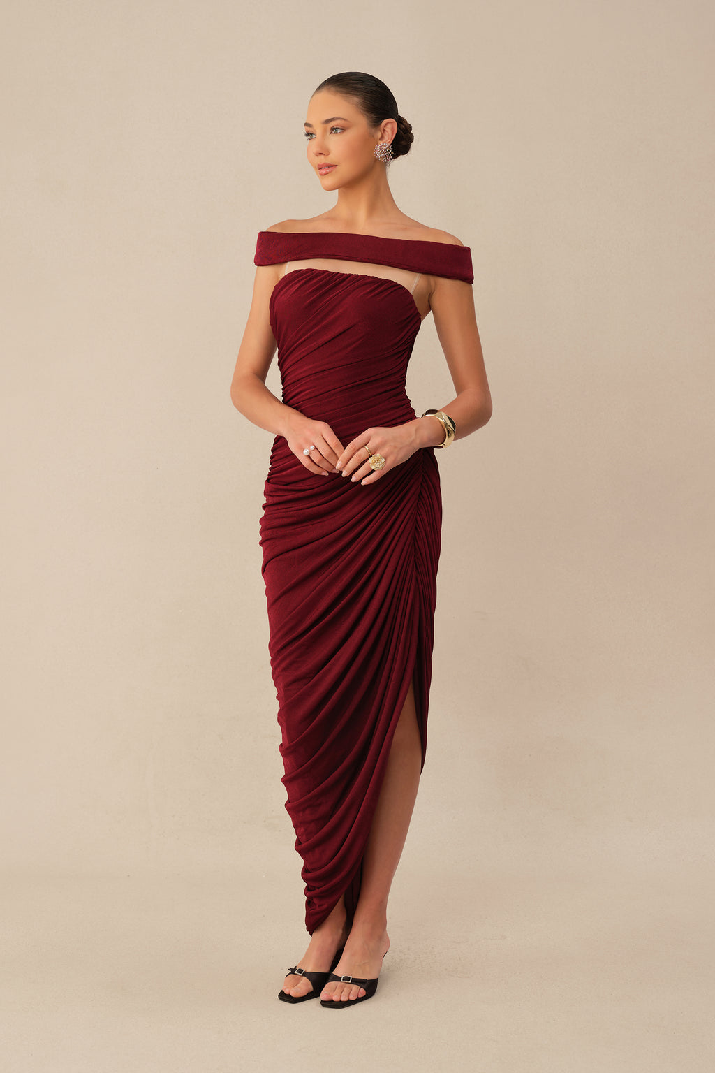 Midnight Affair Burgundy Off Shoulder Side Slit Knit Maxi Dress