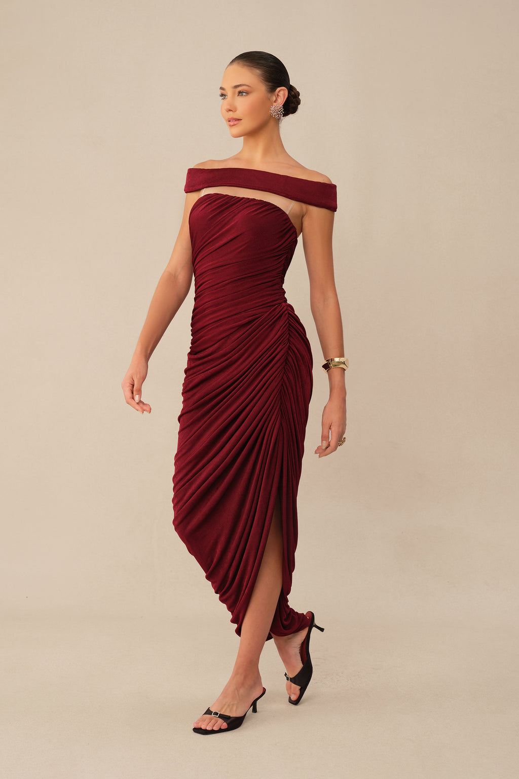 Midnight Affair Burgundy Off Shoulder Side Slit Knit Maxi Dress