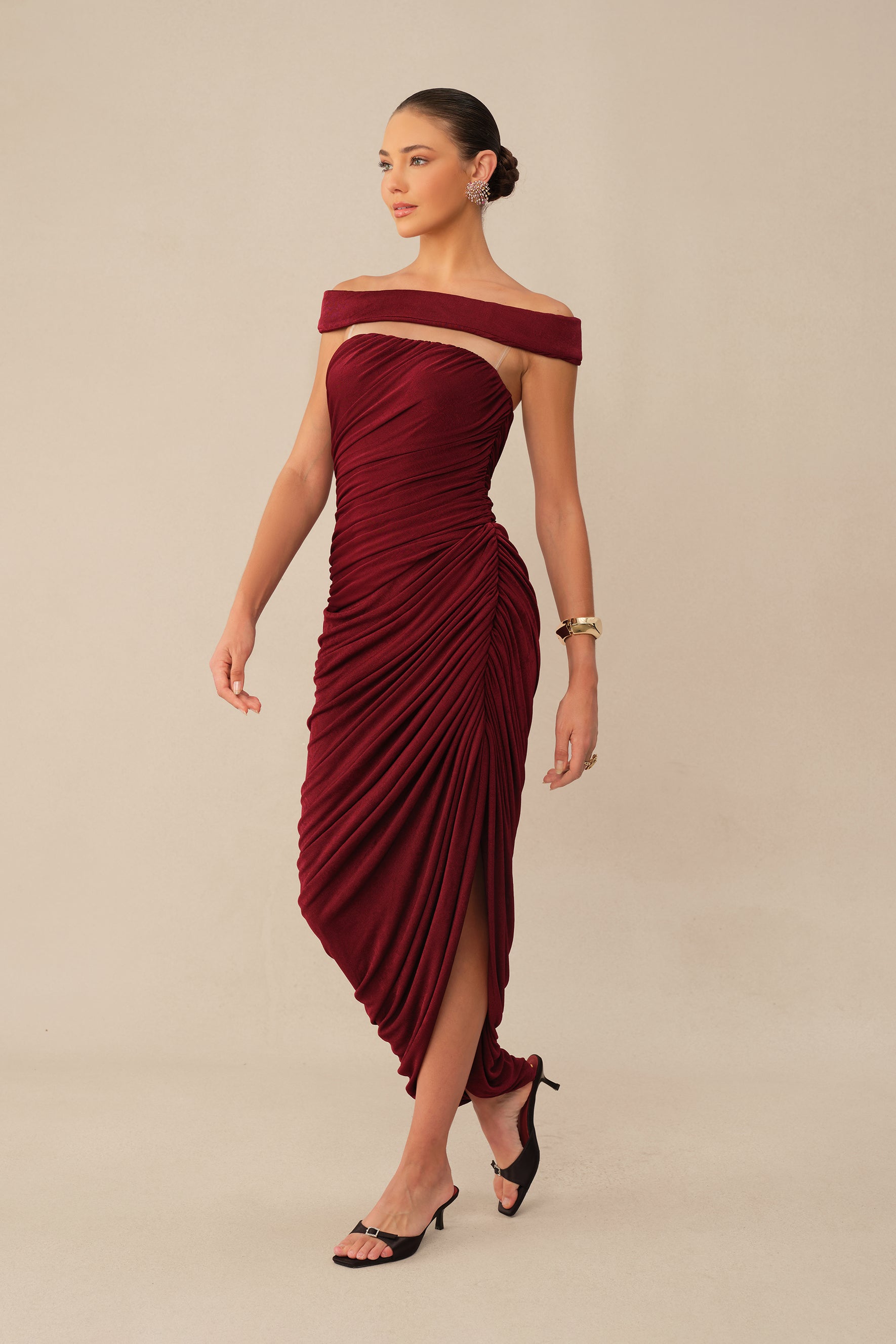 Midnight Affair Burgundy Off Shoulder Side Slit Knit Maxi Dress