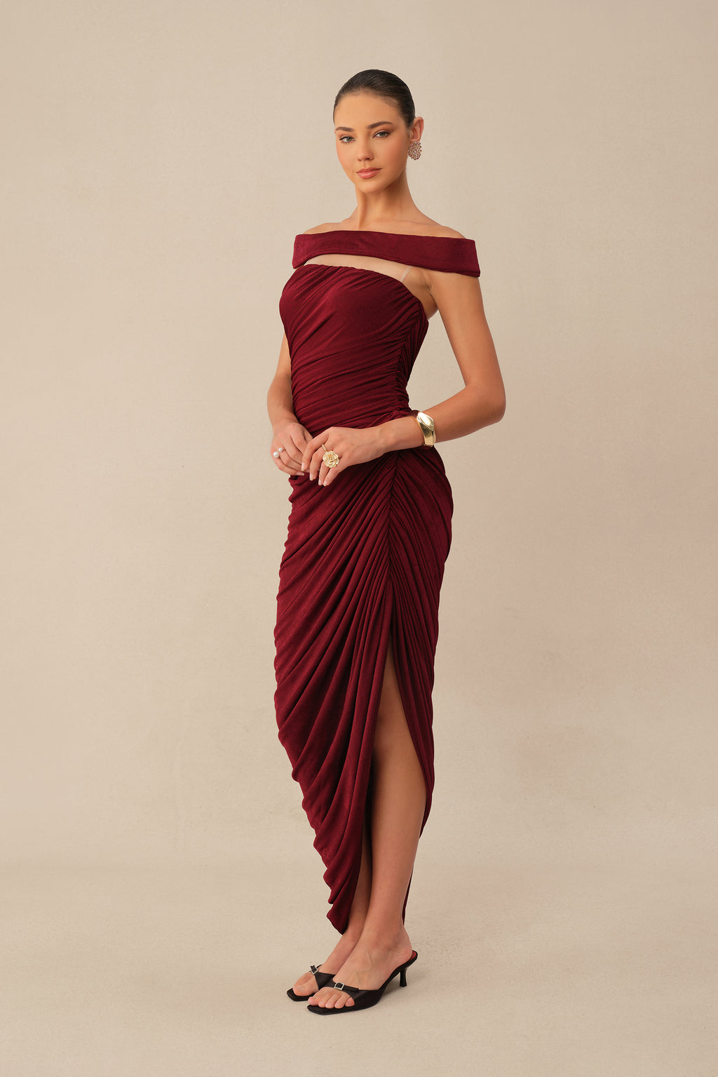 Midnight Affair Burgundy Off Shoulder Side Slit Knit Maxi Dress