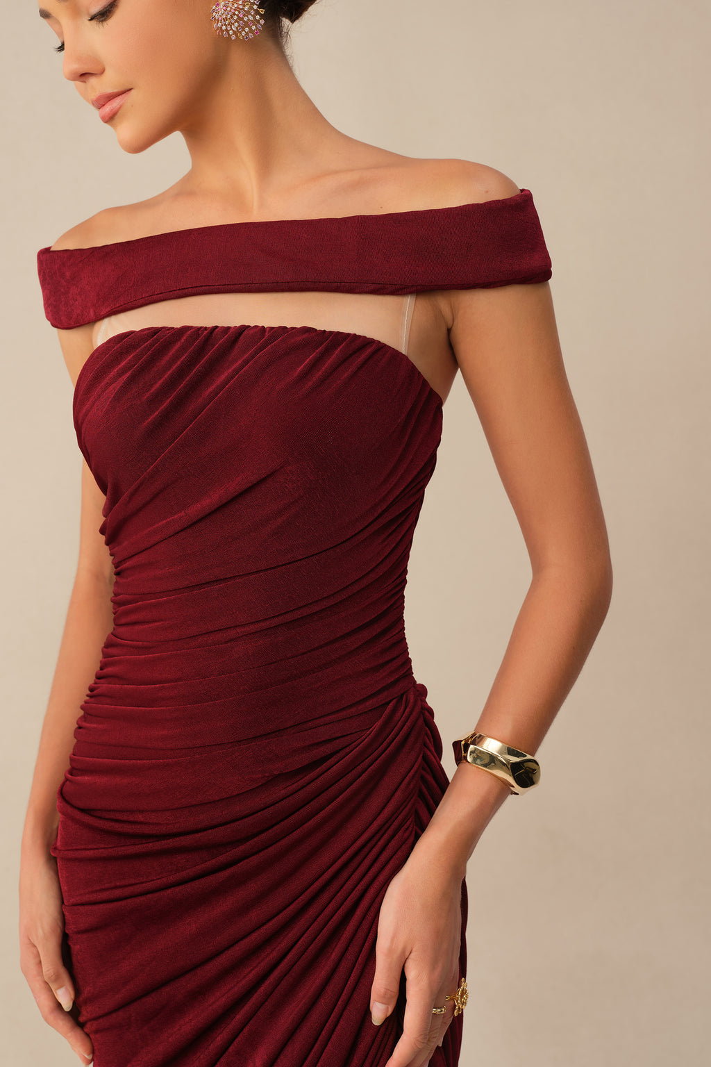 Midnight Affair Burgundy Off Shoulder Side Slit Knit Maxi Dress