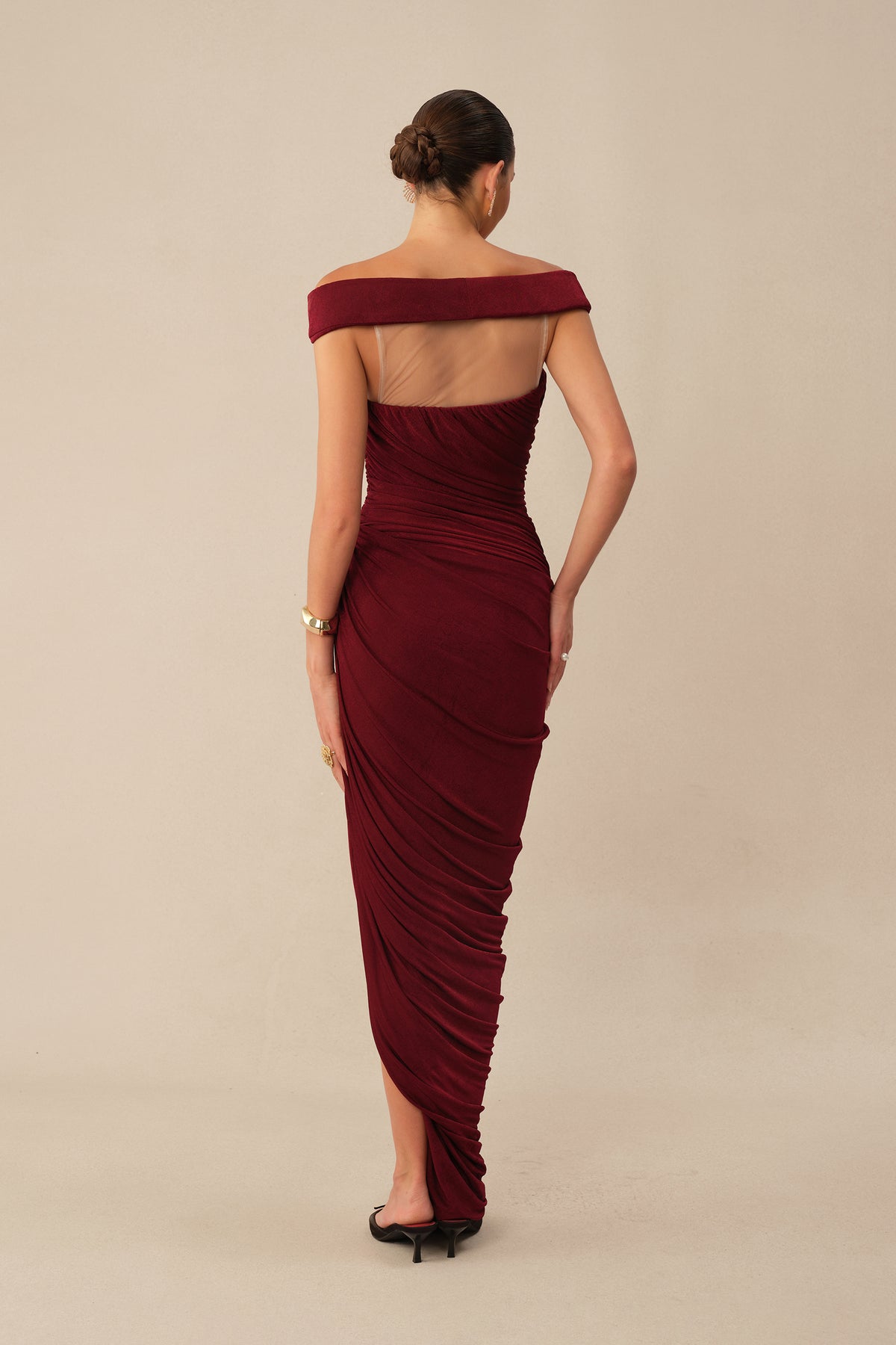 Midnight Affair Burgundy Off Shoulder Side Slit Knit Maxi Dress