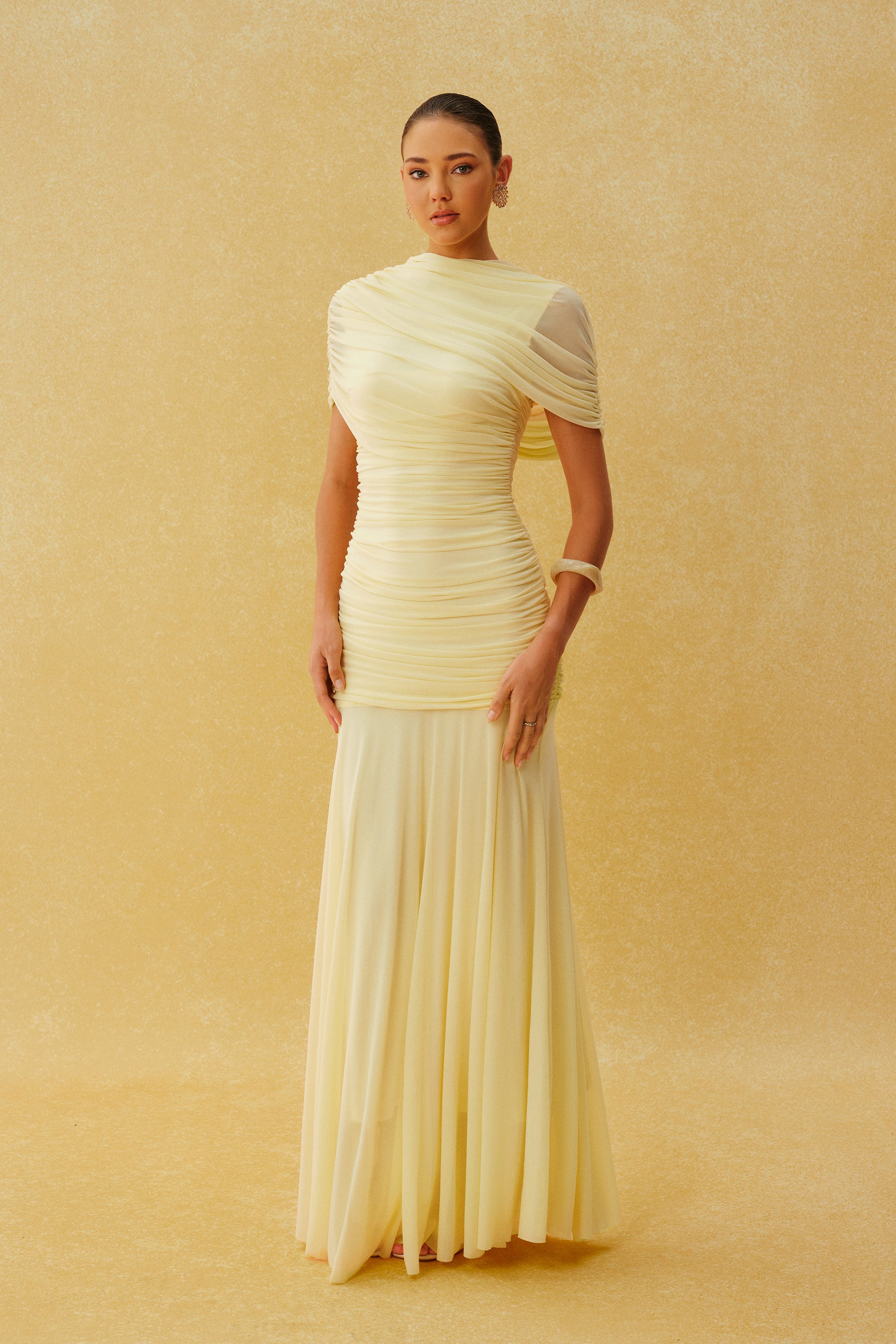 Catching Light Yellow Draped Cape Ruched Maxi Dress