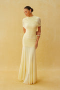 Catching Light Yellow Draped Cape Ruched Maxi Dress