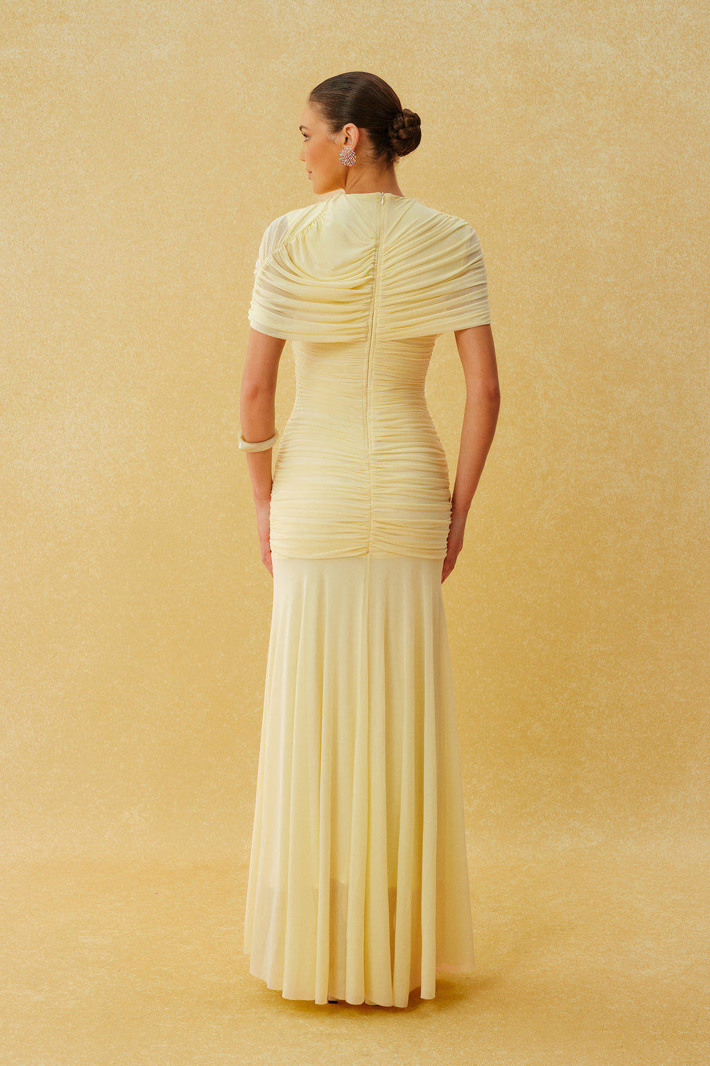 Catching Light Yellow Draped Cape Ruched Maxi Dress
